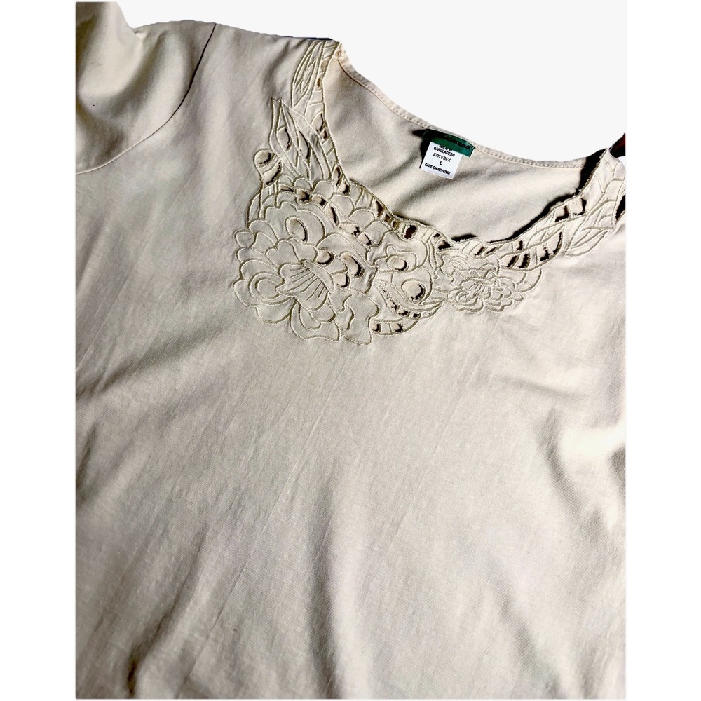 Vintage Sara Morgan Ivory Cream Cotton Blend Top Lace Embellished Neck L Boho